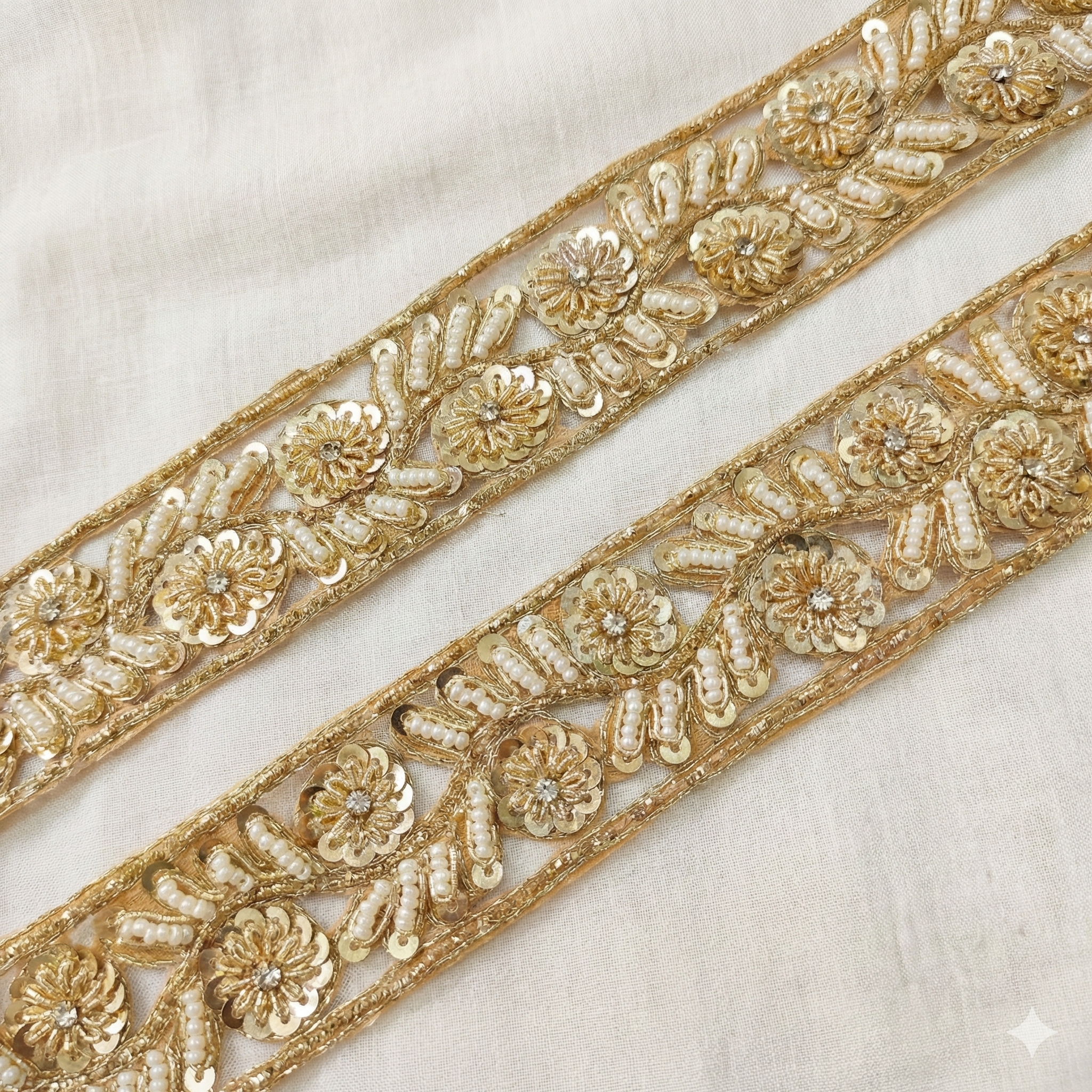 Handcrafted Zardozi Floral Pearl & Sequin Embroidered Lace Border