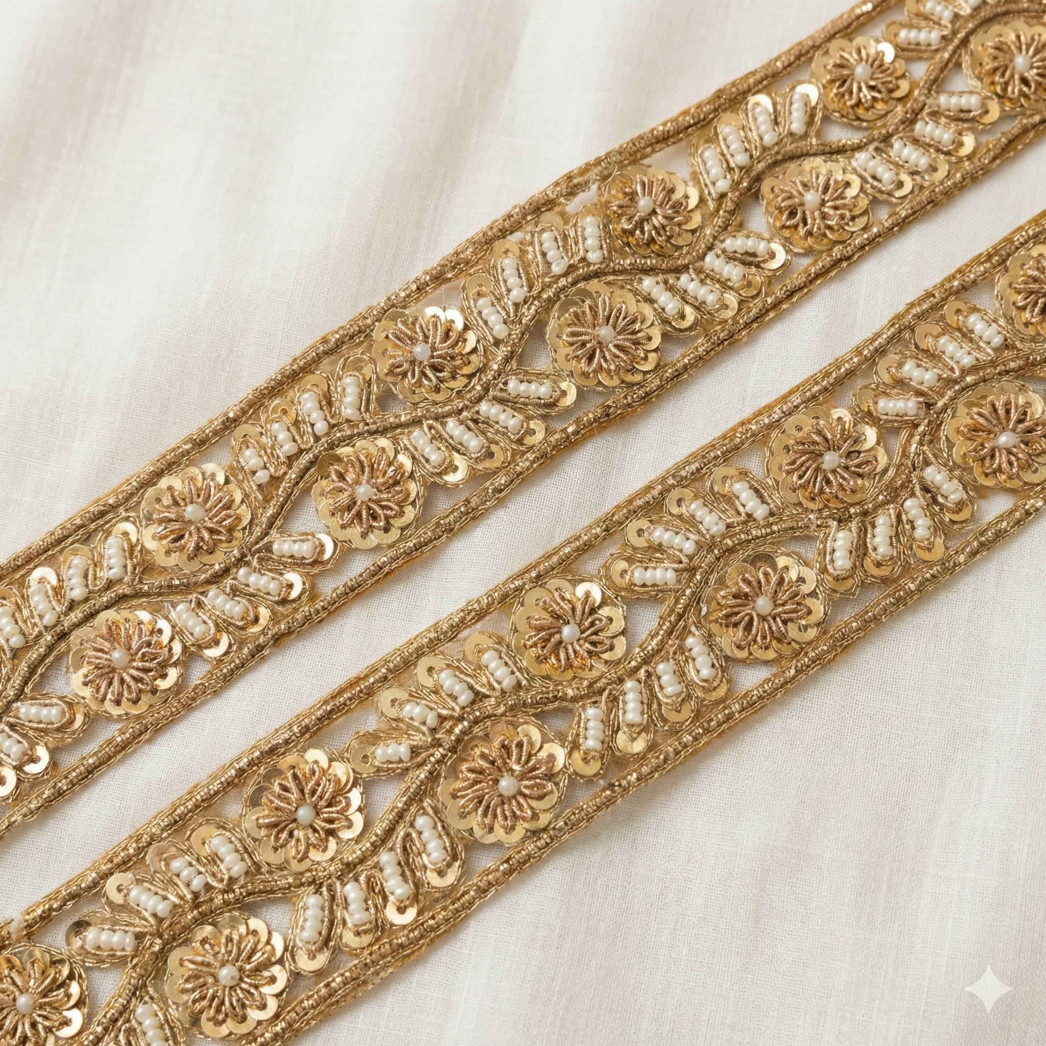 Handcrafted Zardozi Floral Pearl & Sequin Embroidered Lace Border
