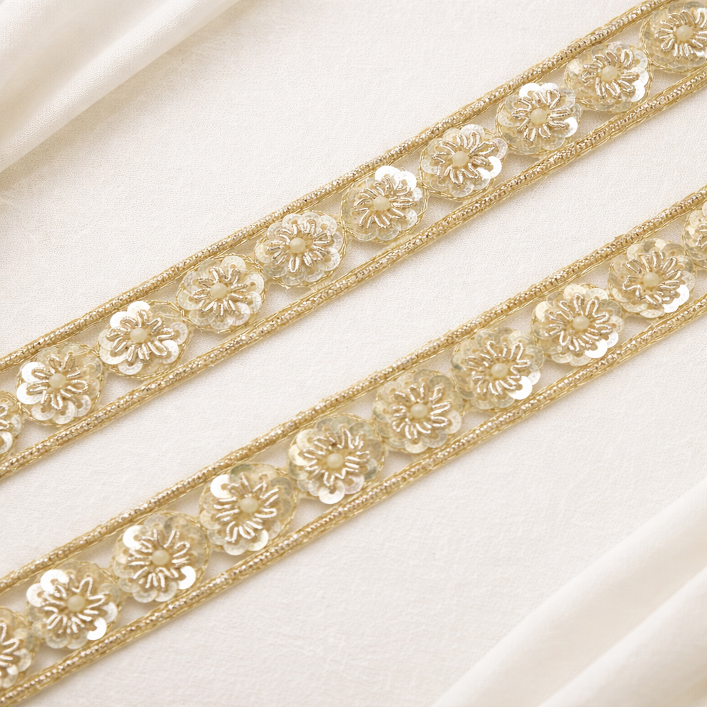 Handcrafted Floral Sequin & Pearl Embroidered Lace Border Trim