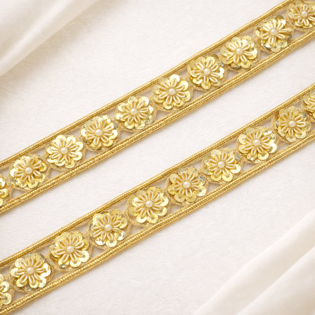 Handcrafted Floral Sequin & Pearl Embroidered Lace Border Trim