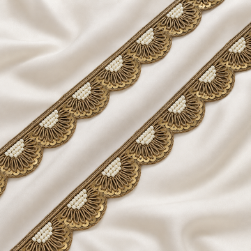 Elegant Fan-Shaped Scalloped Zardozi Embroidered Lace Border with Pearl & Sequin Detailing
