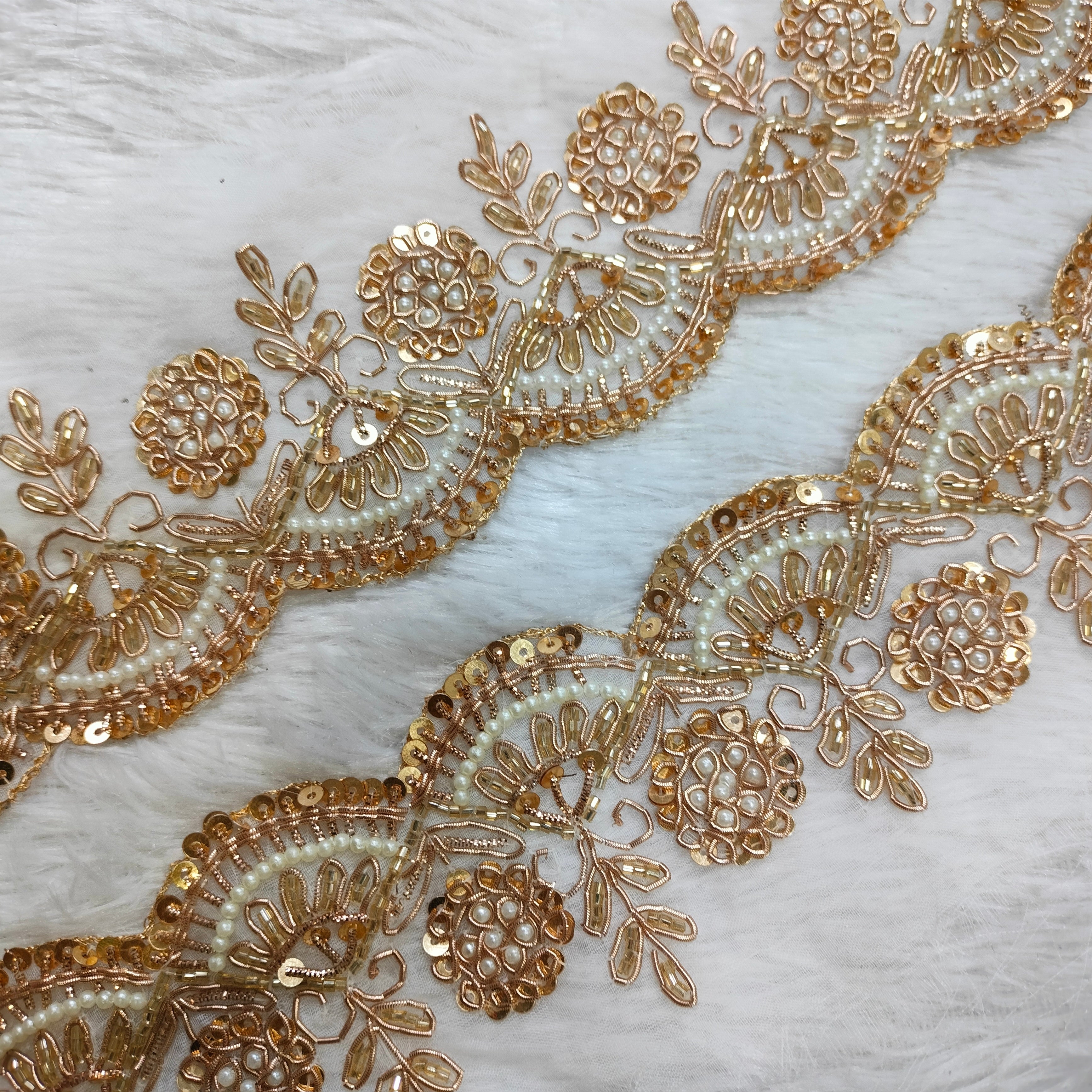 Zardozi Pearl & Sequin Floral Scalloped Lace Border