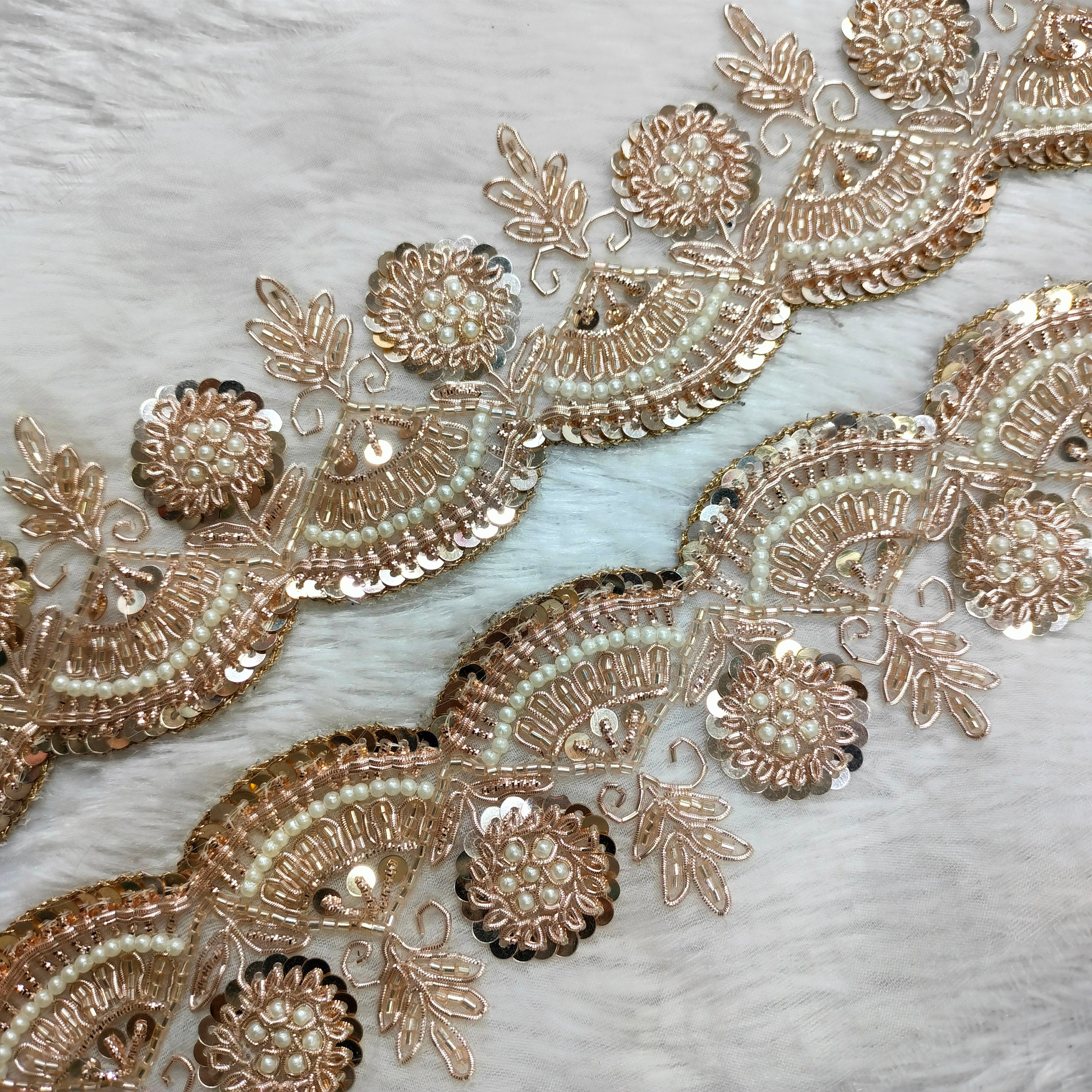 Zardozi Pearl & Sequin Floral Scalloped Lace Border