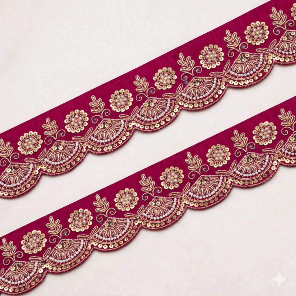 Zardozi Pearl & Sequin Floral Scalloped Lace Border