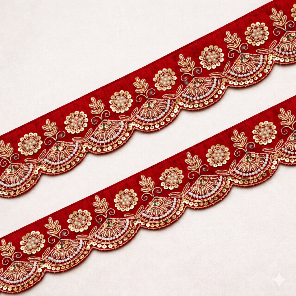 Zardozi Pearl & Sequin Floral Scalloped Lace Border