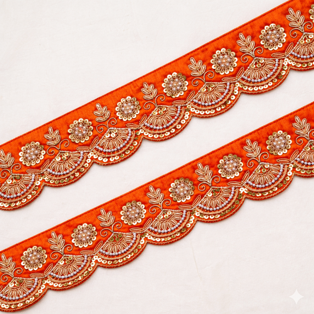 Zardozi Pearl & Sequin Floral Scalloped Lace Border