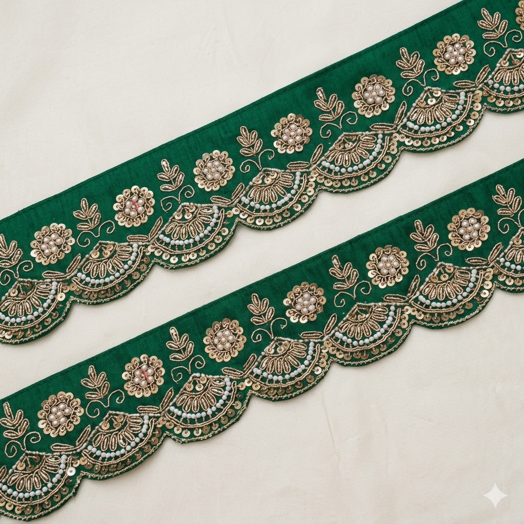 Zardozi Pearl & Sequin Floral Scalloped Lace Border