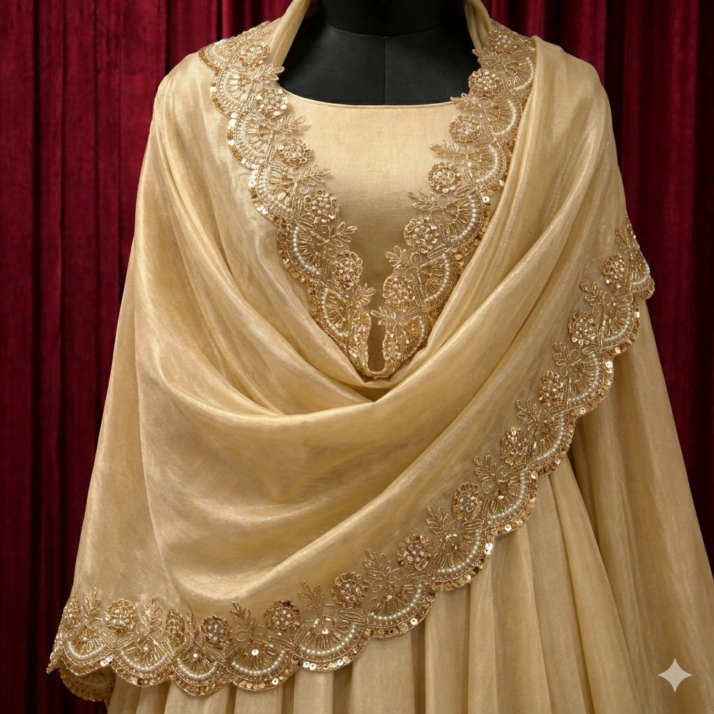 Zardozi Pearl & Sequin Floral Scalloped Lace Border