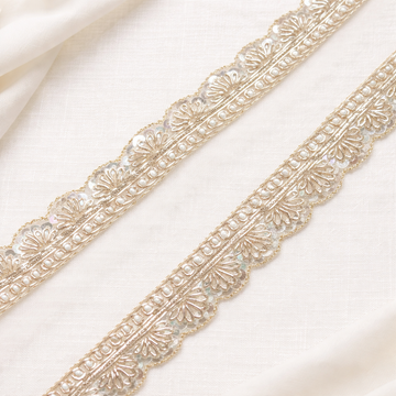 Handcrafted Floral Sequin & Pearl Embroidered Scalloped Lace Border