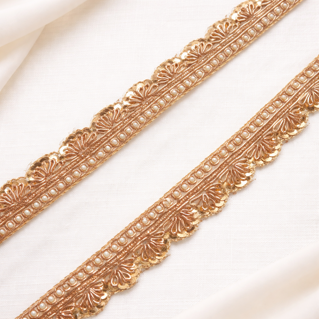 Handcrafted Floral Sequin & Pearl Embroidered Scalloped Lace Border
