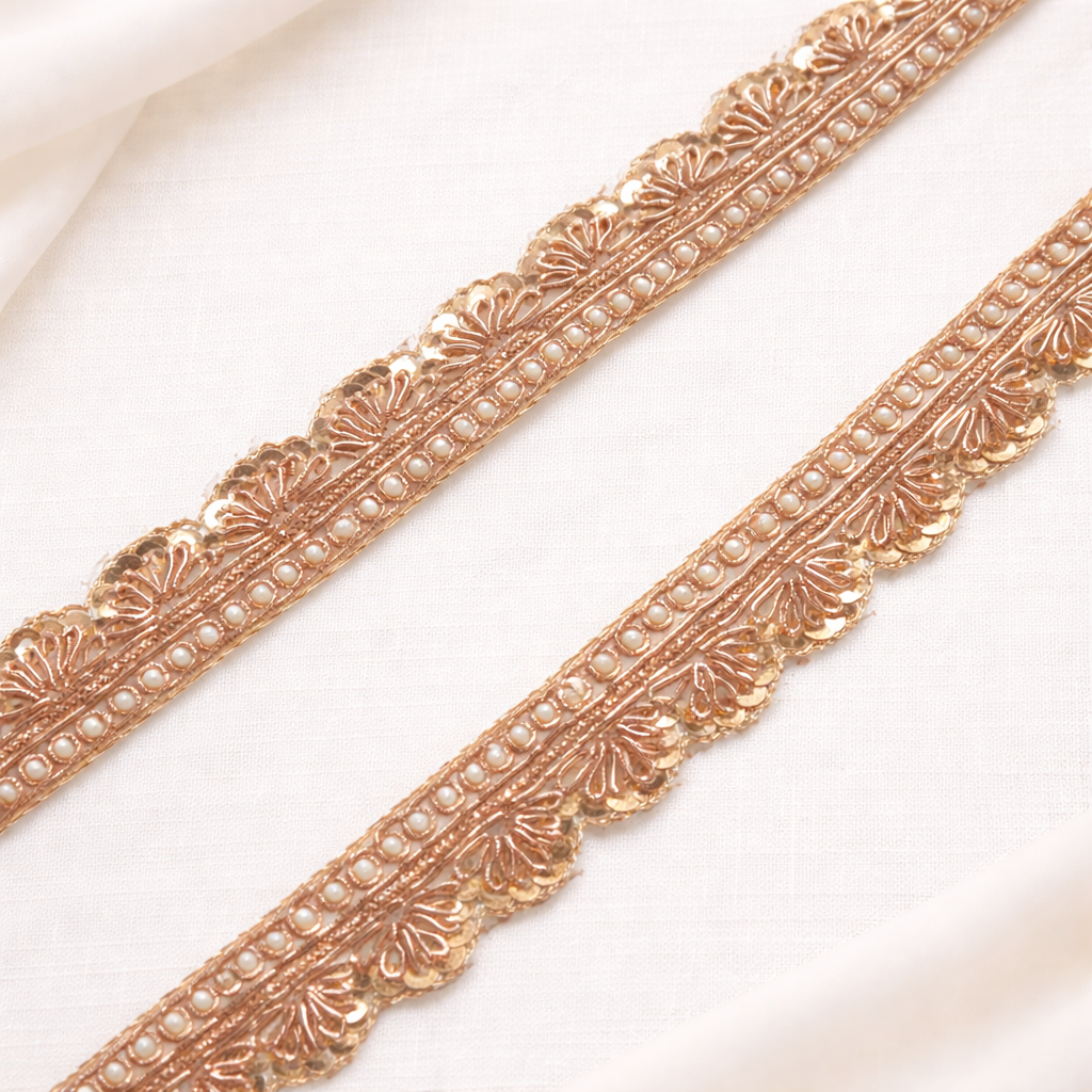 Handcrafted Floral Sequin & Pearl Embroidered Scalloped Lace Border