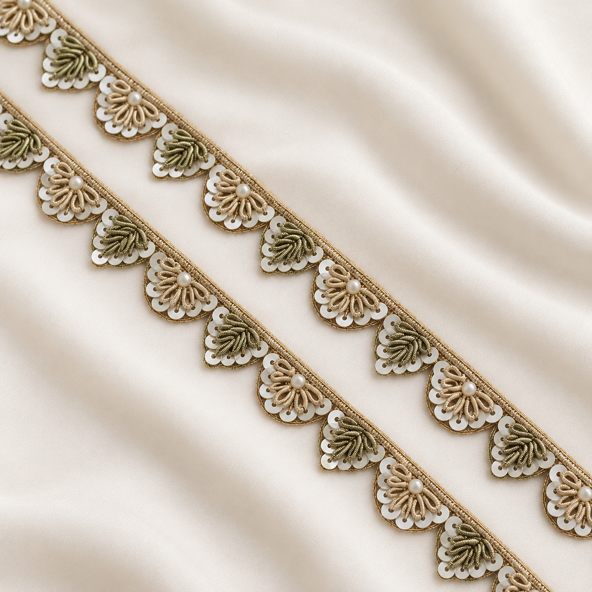 Delicate Floral Scalloped Zardozi Embroidered Lace Trim with Pearl & Sequin Detailing