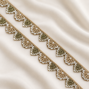 Delicate Floral Scalloped Zardozi Embroidered Lace Trim with Pearl & Sequin Detailing
