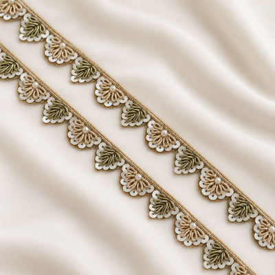 Delicate Floral Scalloped Zardozi Embroidered Lace Trim with Pearl & Sequin Detailing