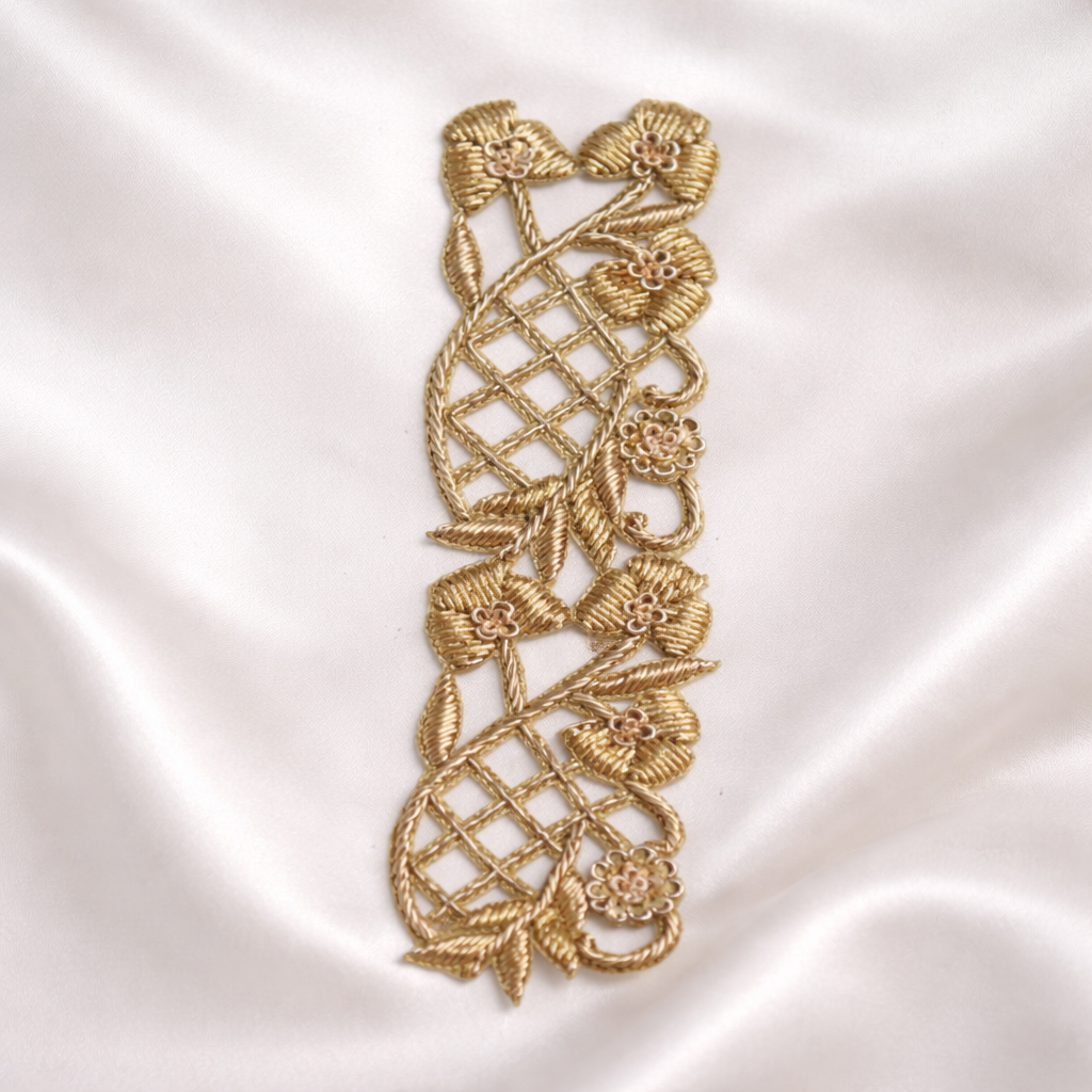 Handcrafted Zardozi Floral Jaali Embroidered Border Lace with Metallic Thread Work