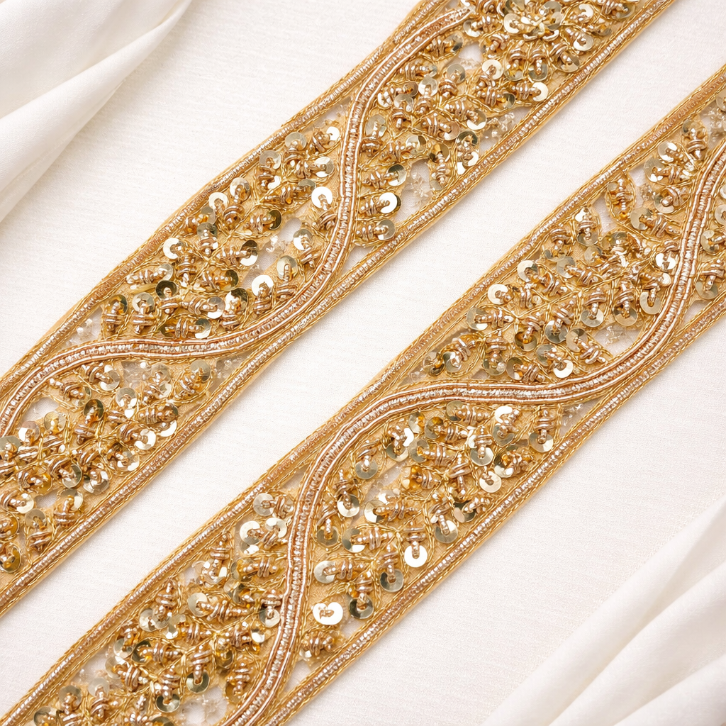 Handcrafted Zardozi Sequin Work Lace Trim with Curved Pattern
