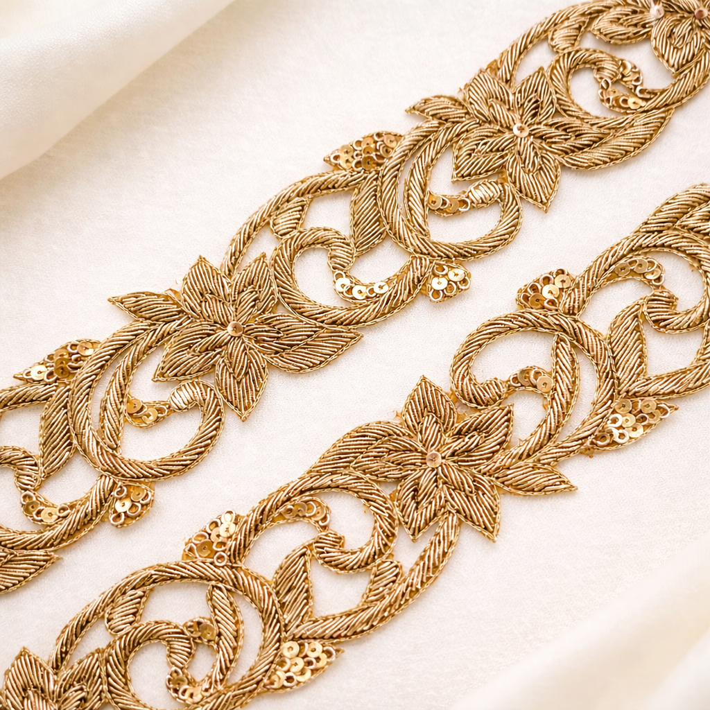 Handcrafted Zardozi Floral Vine Lace Border with Sequin Accents