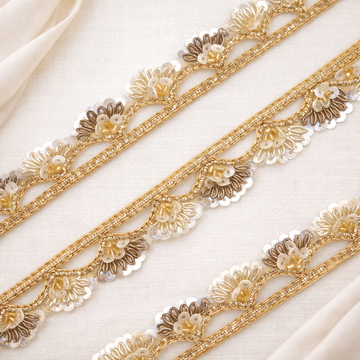 Gold & Ivory Floral Sequin Embroidered Scalloped Lace Border