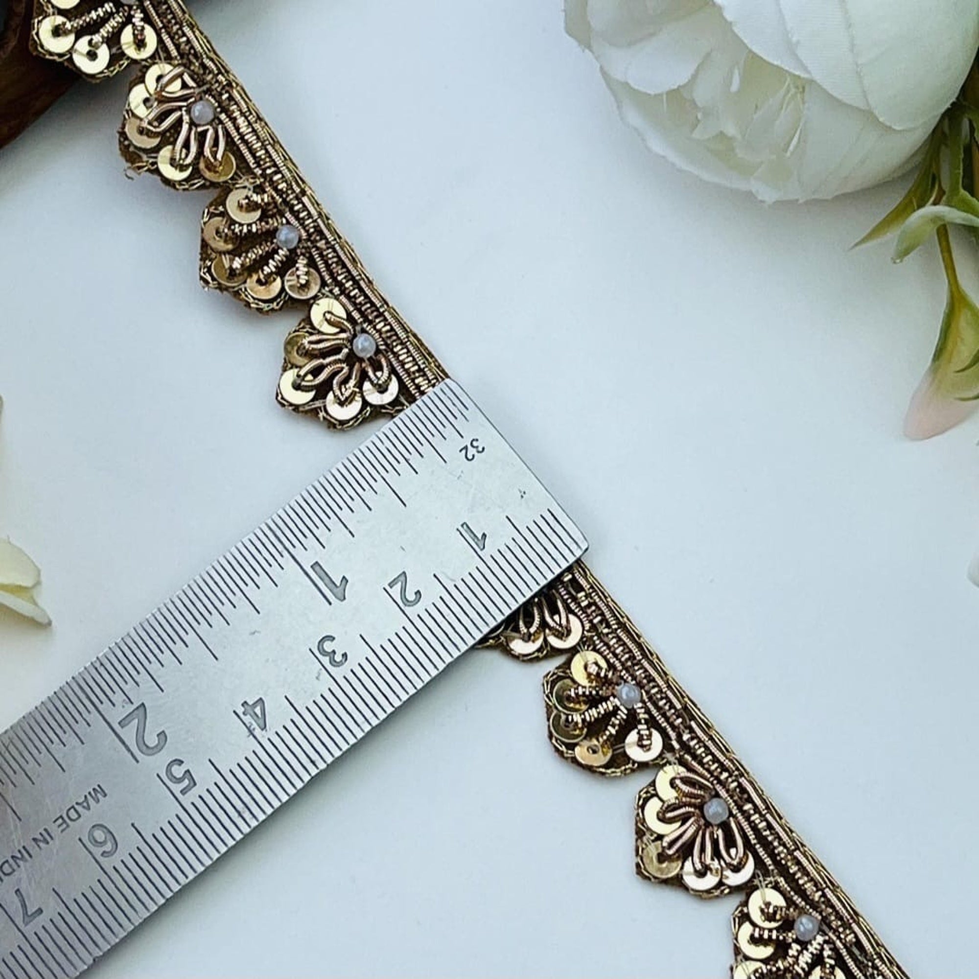 Zardozi Floral Sequin and Pearl Scalloped Lace Border