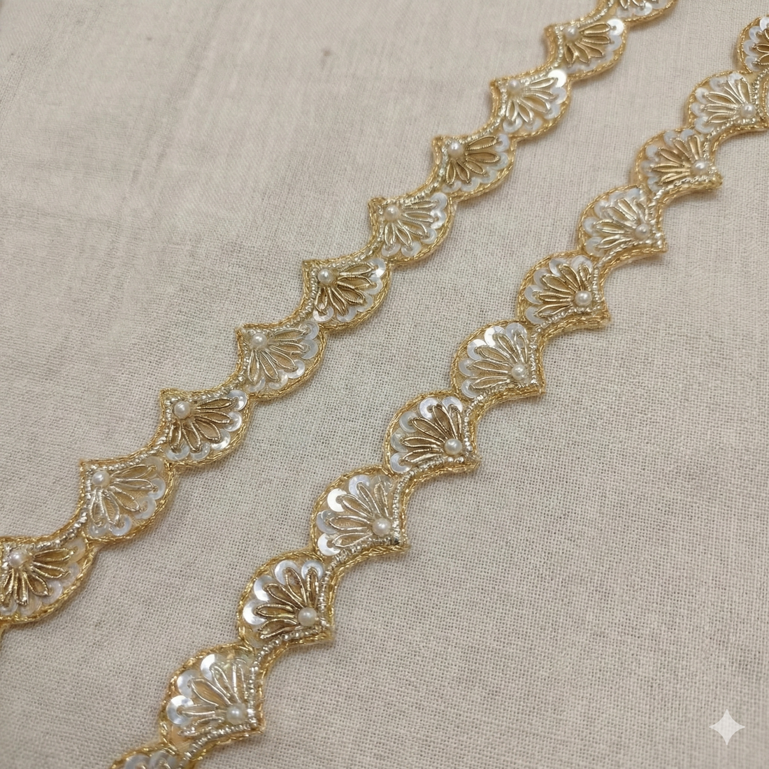 Gold Scalloped Sequin, Beaded & Pearl Lace Trim – Handcrafted Designer Border