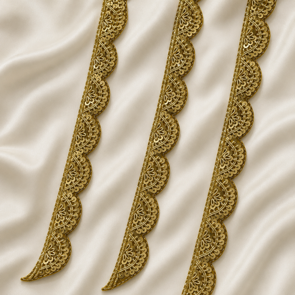 Scalloped Leaf Motif Sequin Embroidered Lace Trim for Designer Wear