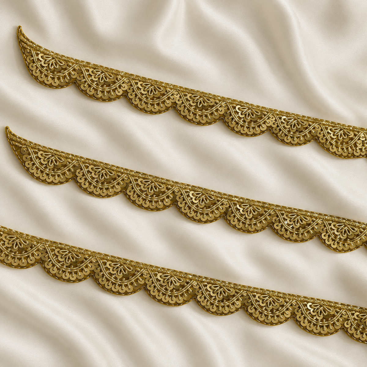 Scalloped Leaf Motif Sequin Embroidered Lace Trim for Designer Wear