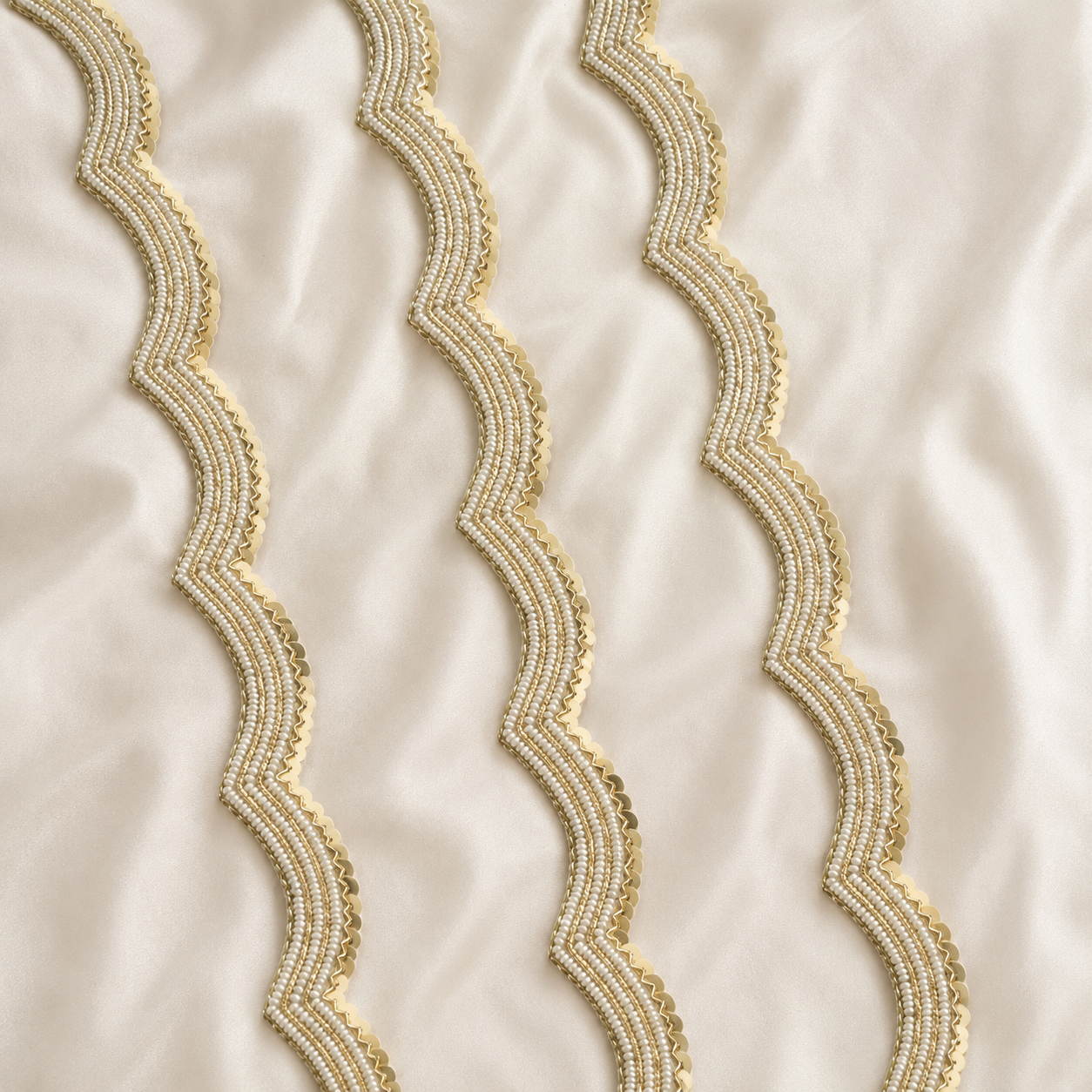 Pearl Beaded Wave Lace Trim with Sequin Scalloped Edge for Designer Wear