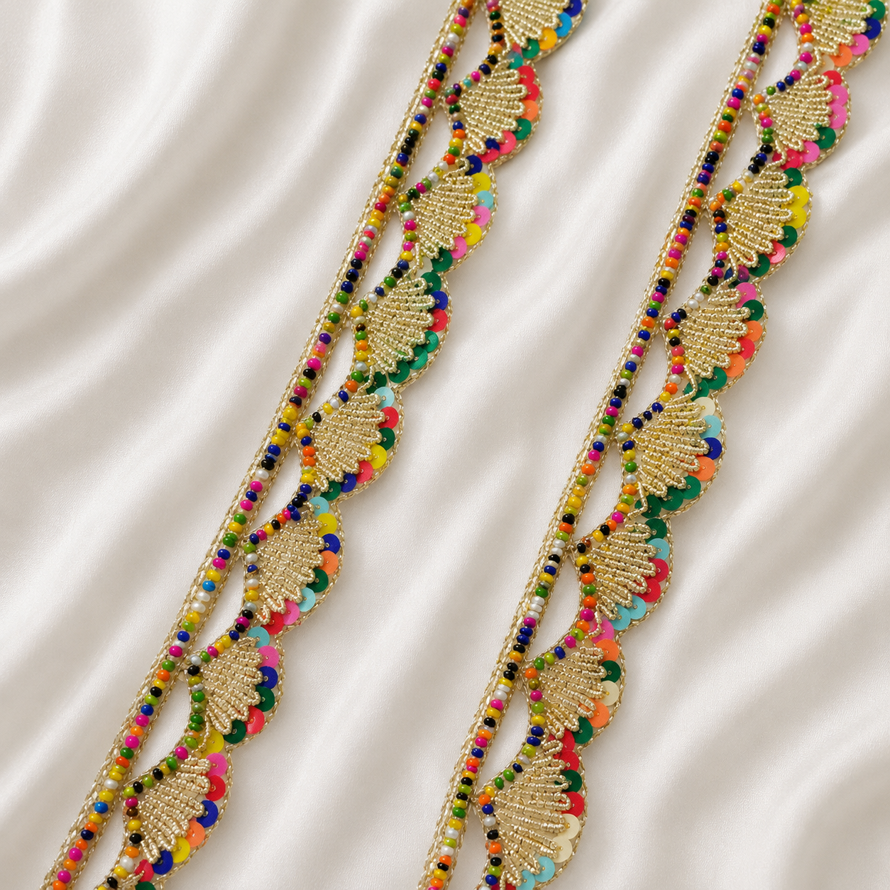 Handcrafted Multicolor Fan Motif Beaded and Sequin Lace Trim for Designer Wear