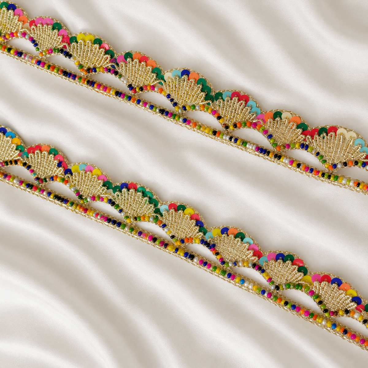Handcrafted Multicolor Fan Motif Beaded and Sequin Lace Trim for Designer Wear
