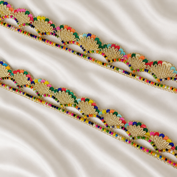 Handcrafted Multicolor Fan Motif Beaded and Sequin Lace Trim for Designer Wear
