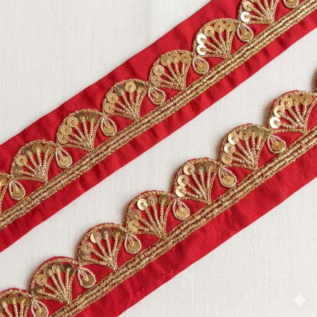 Sequin Embroidered Scallop Border with Ornamental Vine Detailing