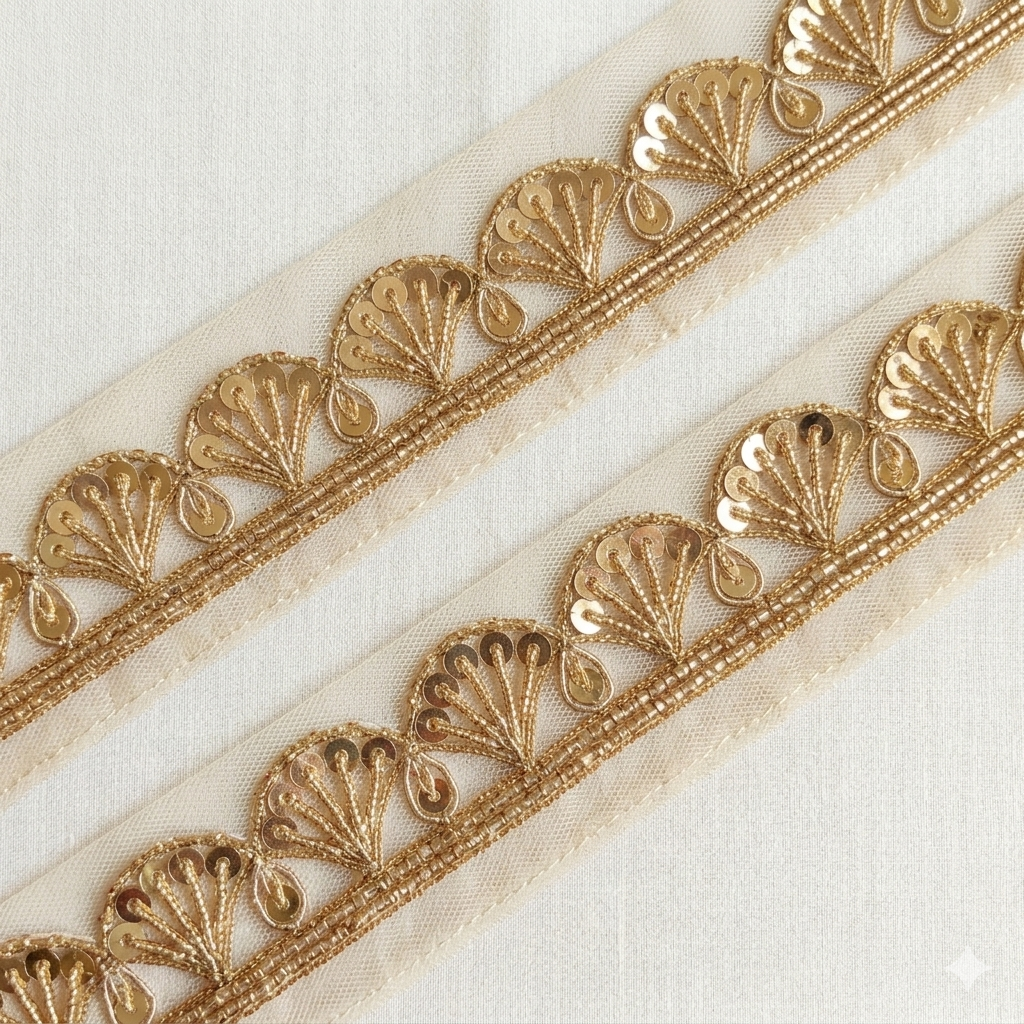 Sequin Embroidered Scallop Border with Ornamental Vine Detailing