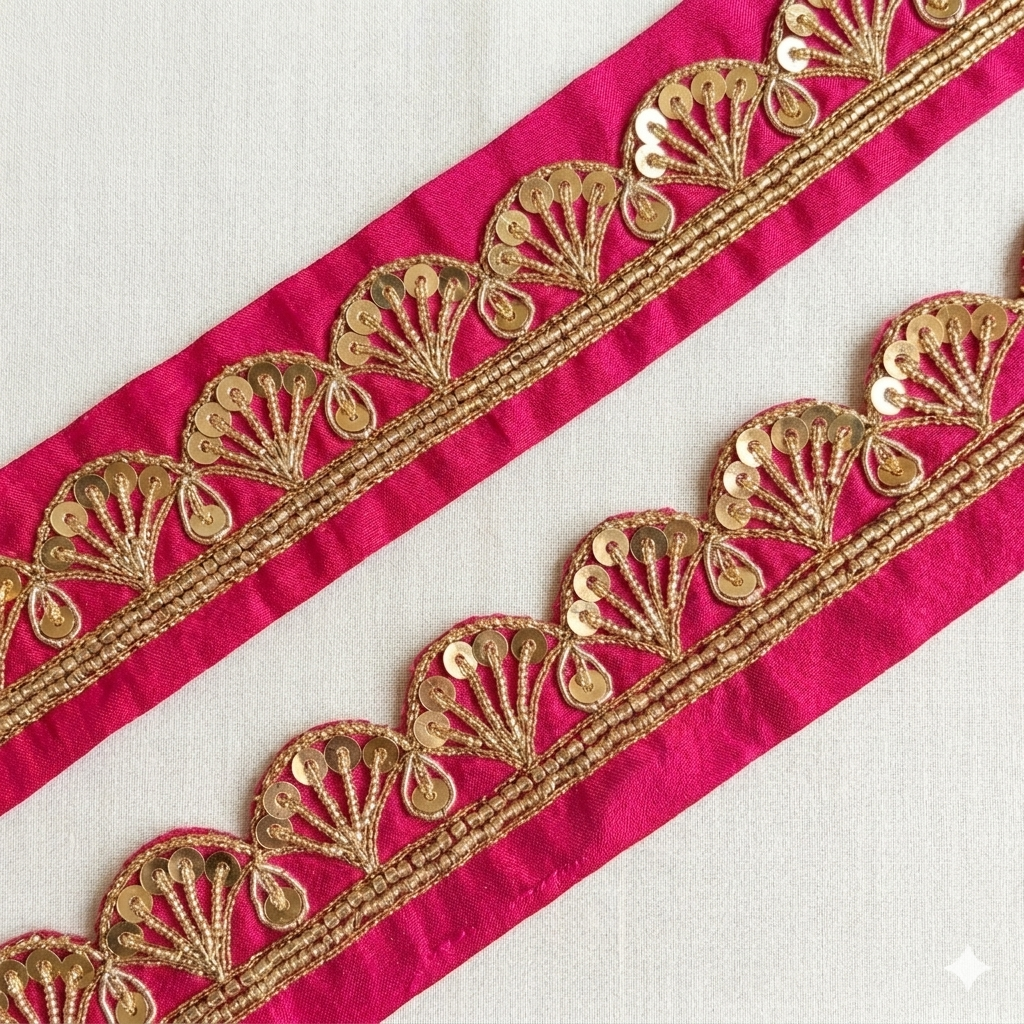 Sequin Embroidered Scallop Border with Ornamental Vine Detailing