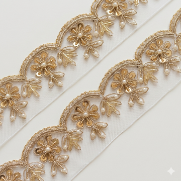 Handcrafted Zardozi Pearl Embroidered Scalloped Lace