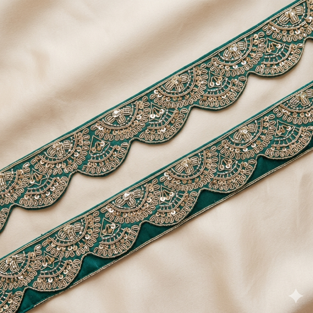 Green Zardozi Scalloped Embroidered Lace