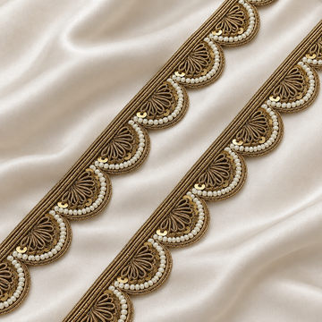 Elegant Fan-Shaped Scalloped Zardozi Embroidered Lace Border with Pearl & Sequin Detailing