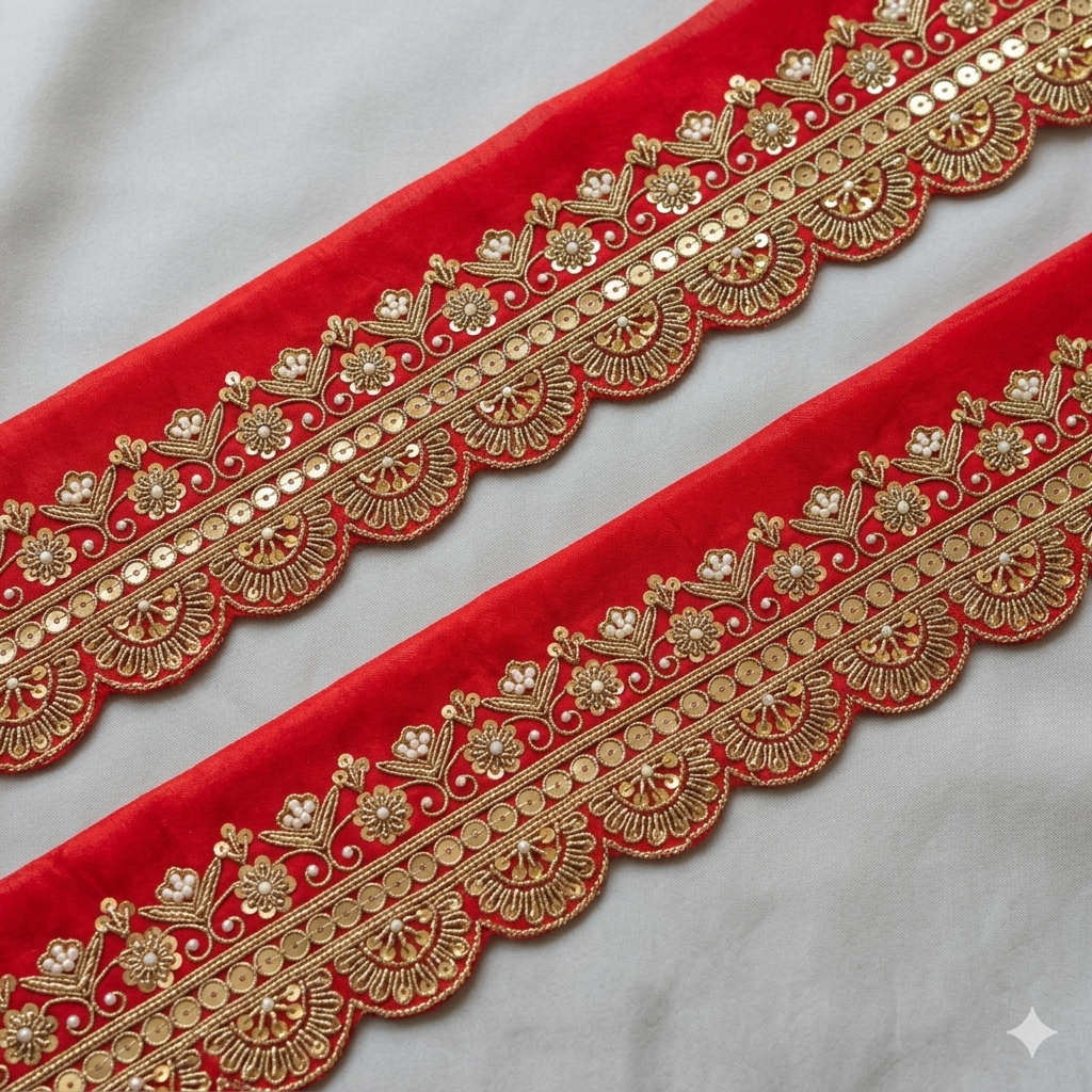 Red Zardozi Floral Scalloped Embroidered Lace Border