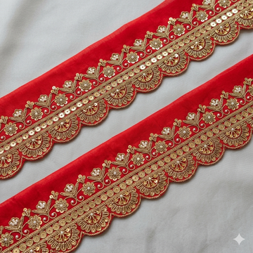 Red Zardozi Floral Scalloped Embroidered Lace Border