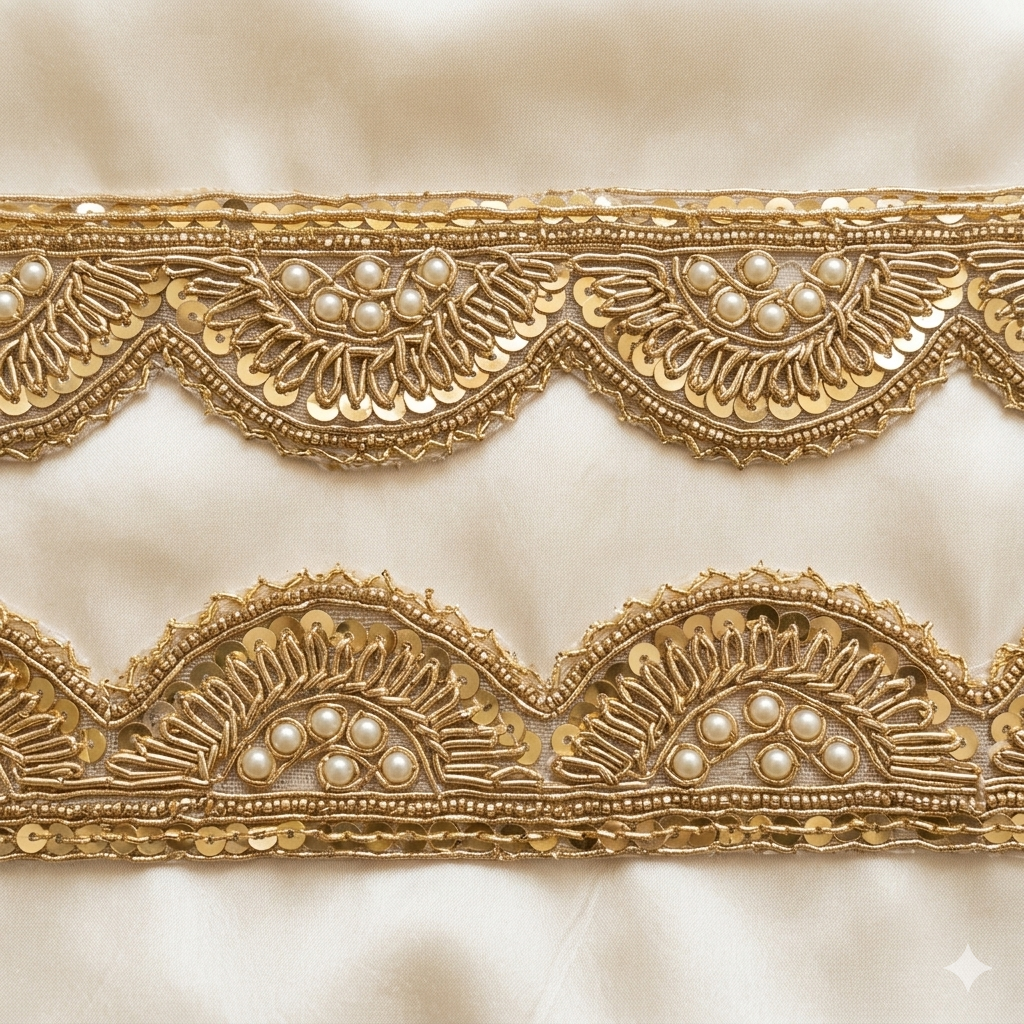 Antique Gold Zardozi Pearl & Sequin Embroidered Scalloped Lace