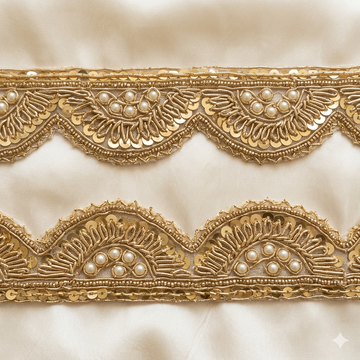 Antique Gold Zardozi Pearl & Sequin Embroidered Scalloped Lace