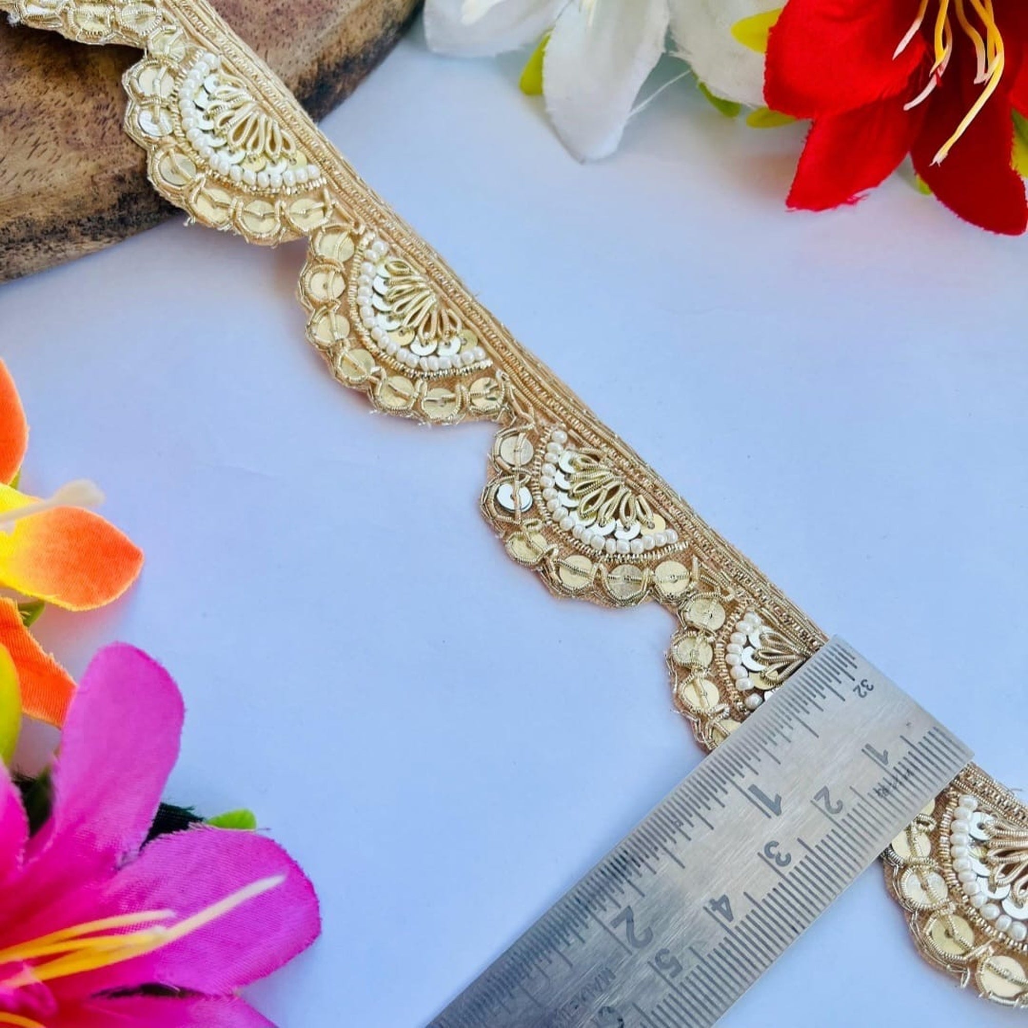 Zardozi Pearl and Sequin Fan Motif Scalloped Lace Border