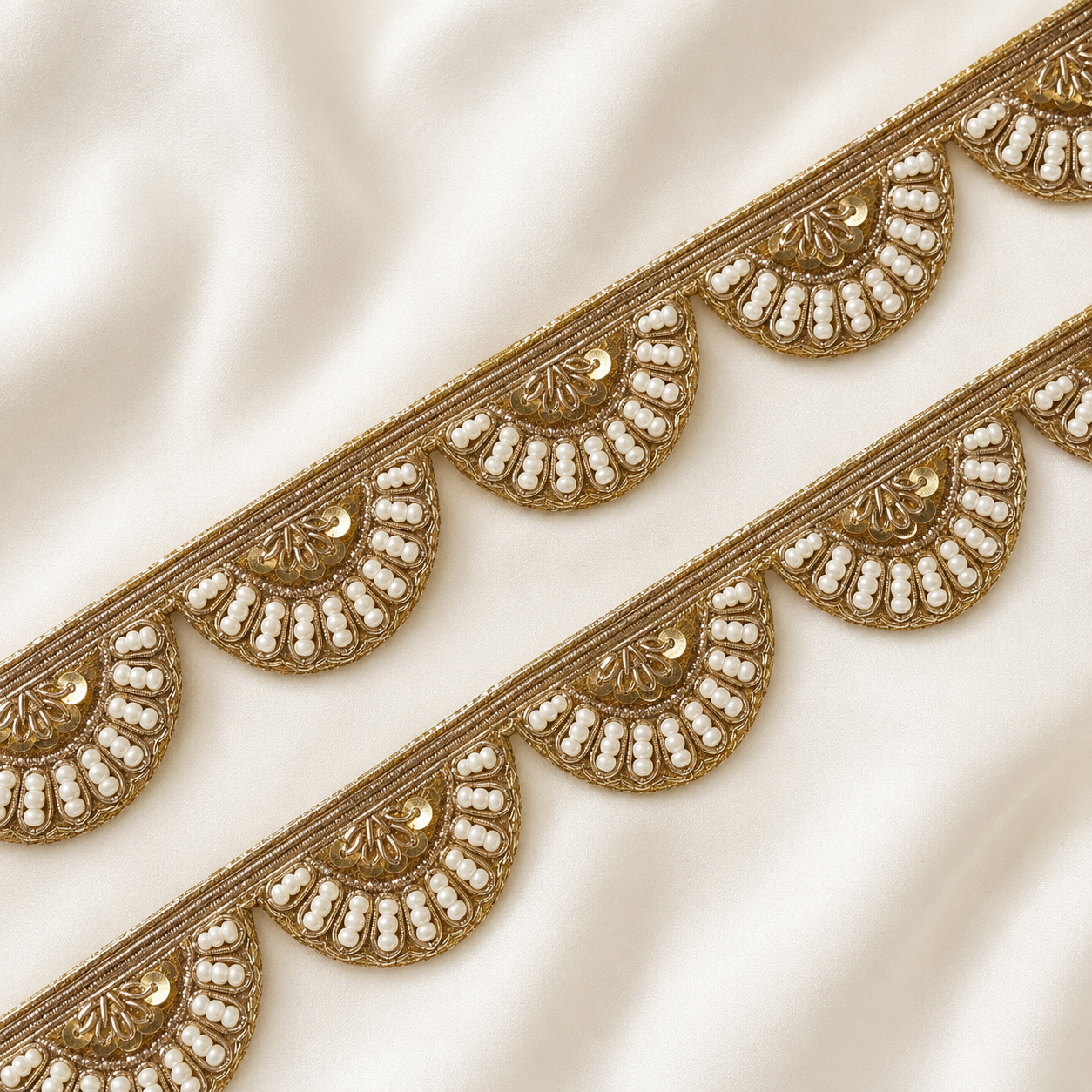 Zardozi Pearl and Sequin Fan Motif Scalloped Lace Border