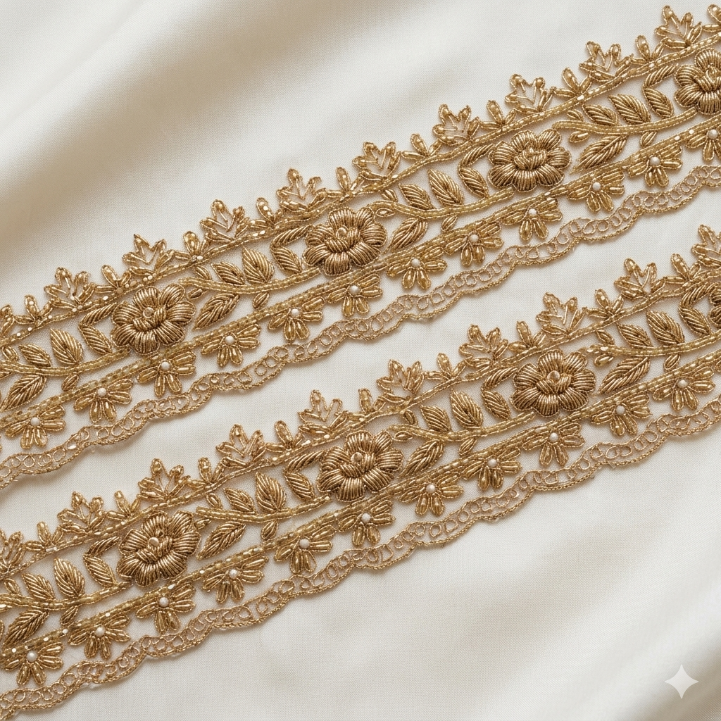 Gold Handcrafted Zardozi Floral Embroidery Lace Border with Pearl Detailing