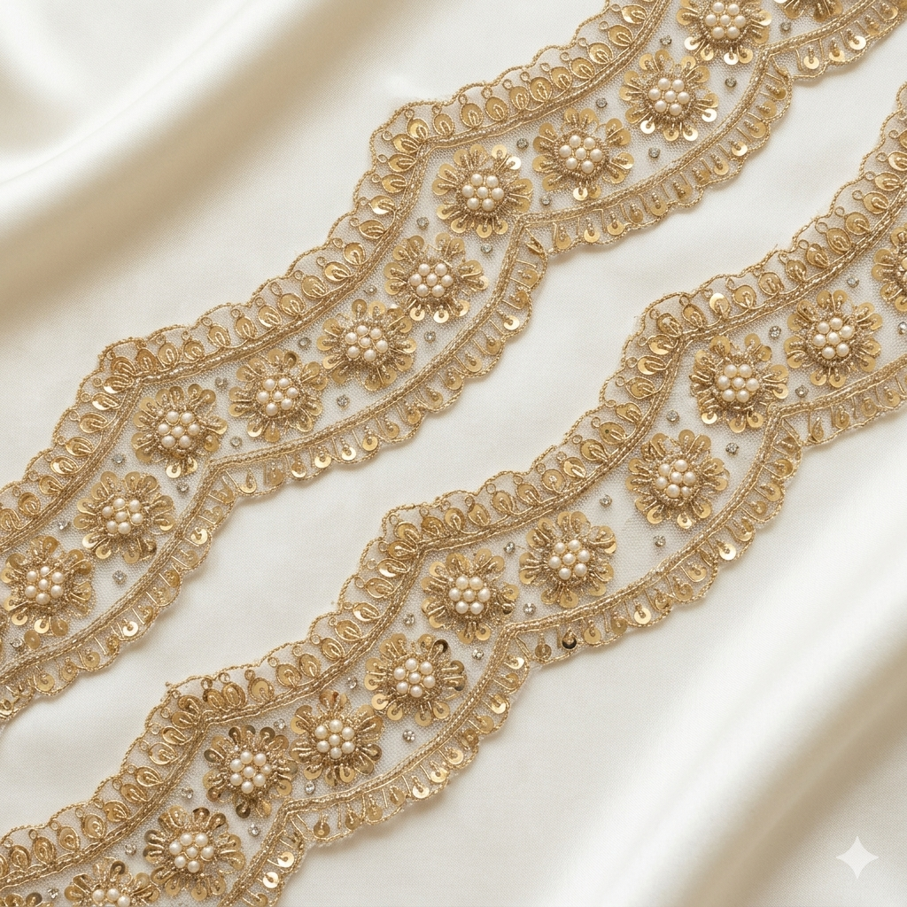 Gold Zardozi Floral Pearl Embellished Scalloped Lace