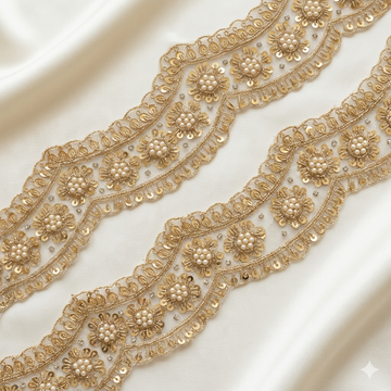 Gold Zardozi Floral Pearl Embellished Scalloped Lace