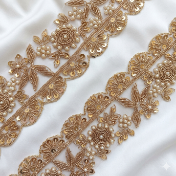 Gold Zardozi Floral Pearl Embellished Scalloped Trim