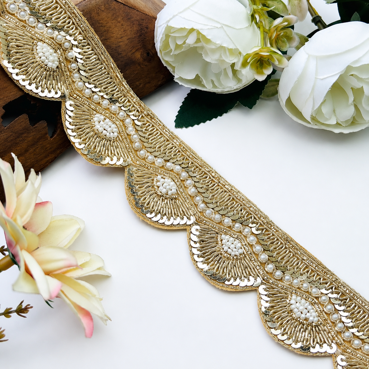Zardozi Pearl and Sequin Handwork Scalloped Bridal Lace Border