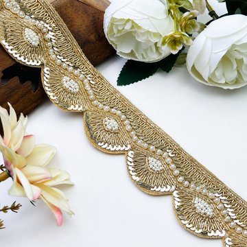 Zardozi Pearl and Sequin Handwork Scalloped Bridal Lace Border