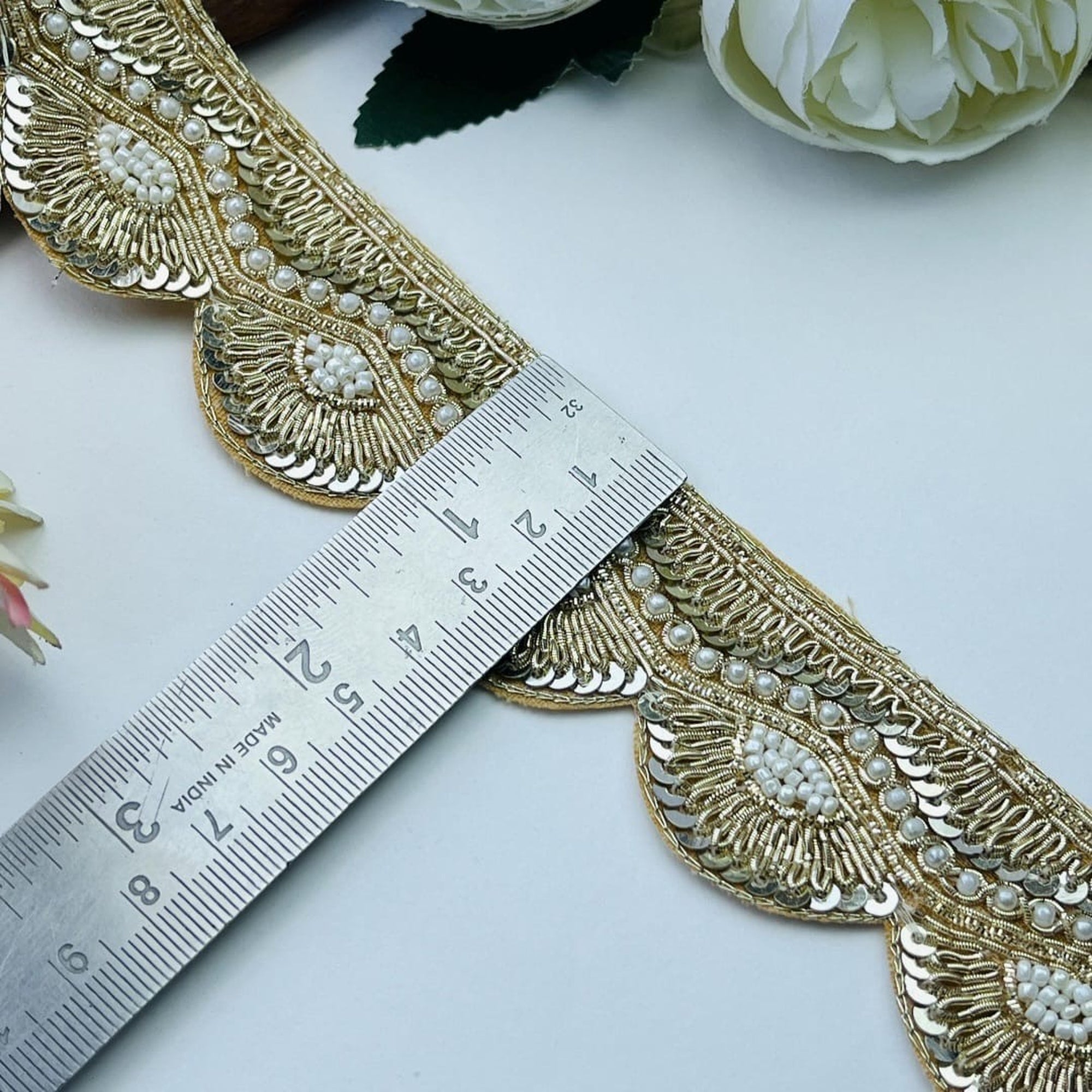 Zardozi Pearl and Sequin Handwork Scalloped Bridal Lace Border