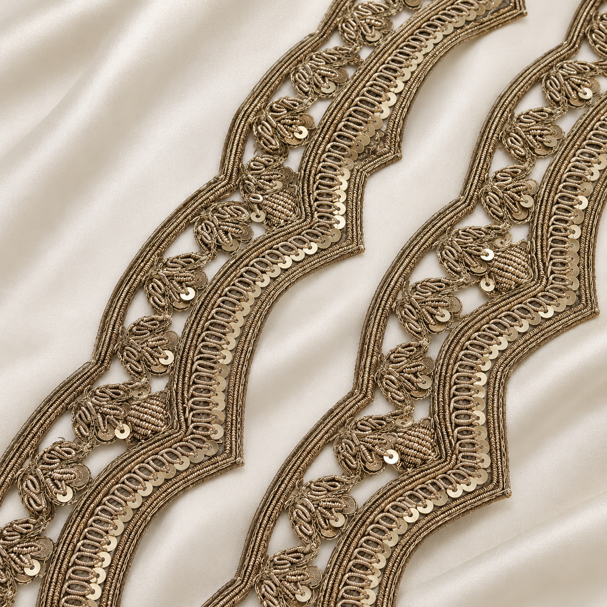 Ornate Wavy Zardozi Embroidered Lace Border with Floral Motifs & Sequin Detailing